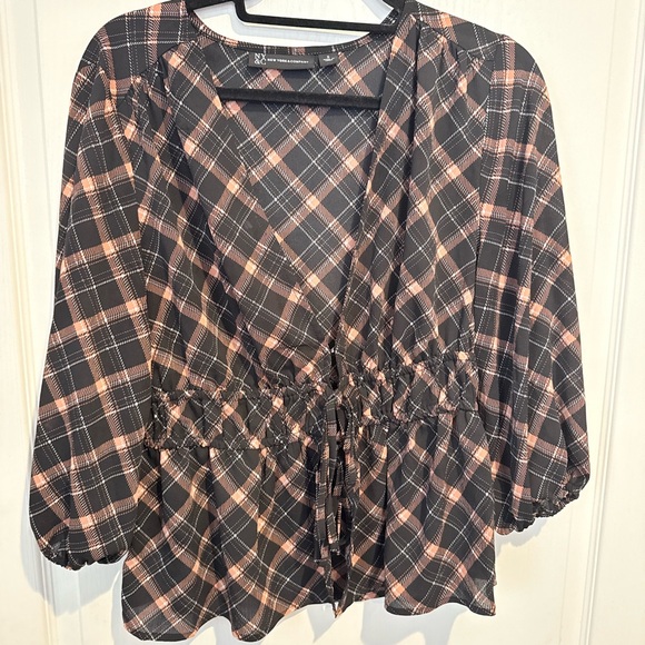 New York & Company Tops - New York & Company Plaid Blouse with Tie Detail
